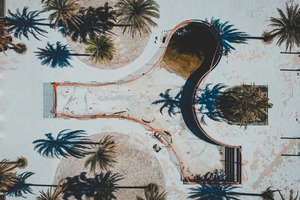 Aerial view of a freeform pool under construction among palm trees